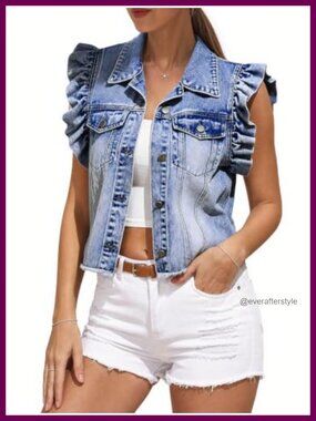 Womens Ruffle Sleeve Denim Vest Button Up Jean Jacket Crop